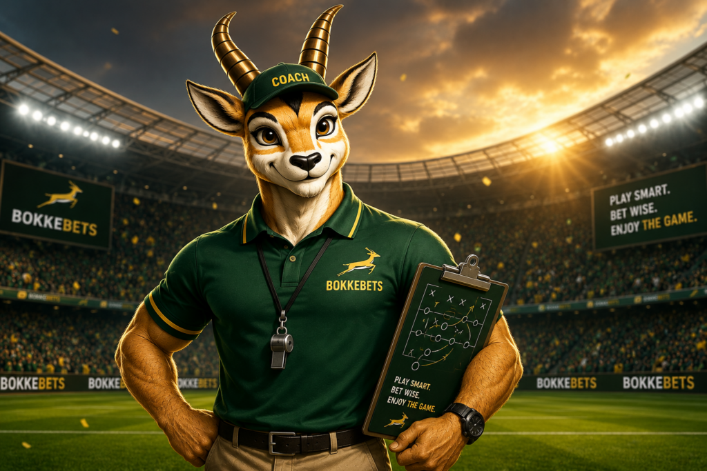 Bokkie in a BokkeBets coaching shirt on a floodlit pitch