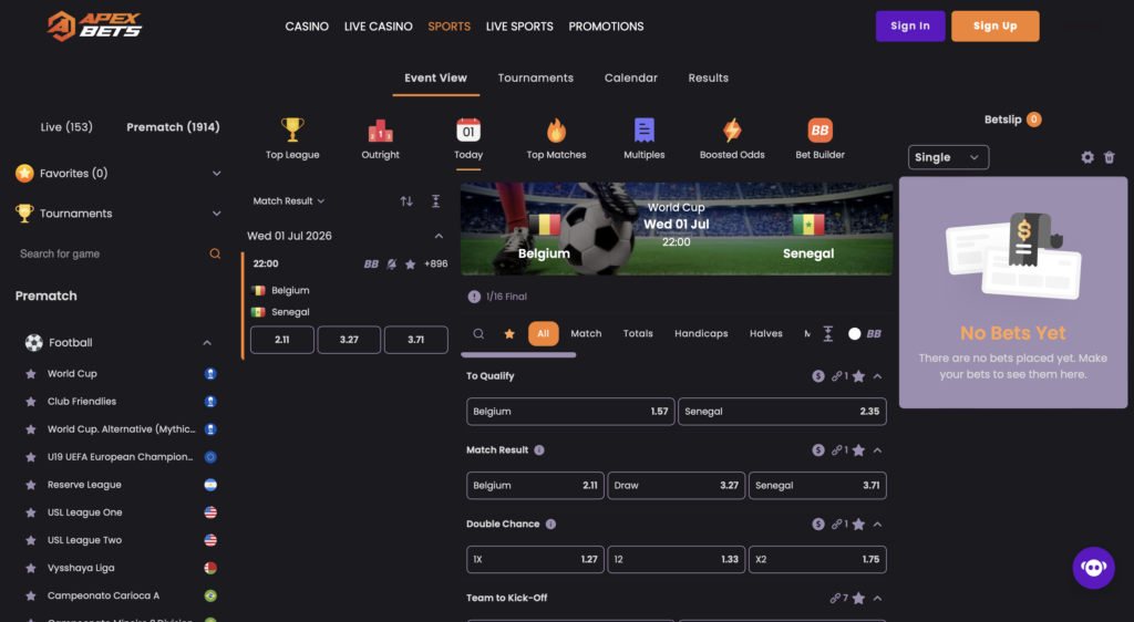 The ApexBet homepage