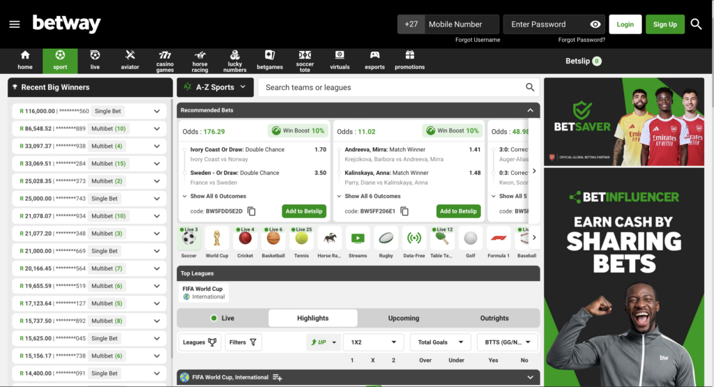 The Betway homepage
